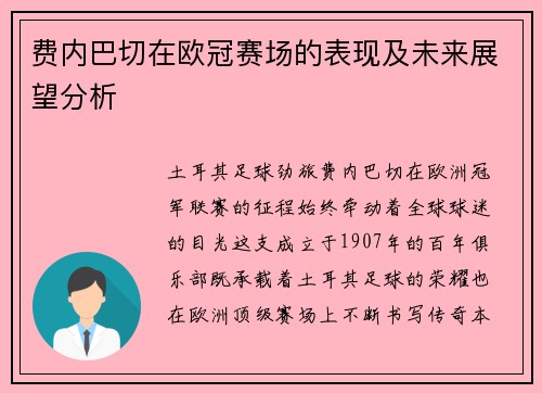 费内巴切在欧冠赛场的表现及未来展望分析